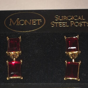 Monet Gold Tone Red CZ Rhinestone Vintage Pierced Earrings